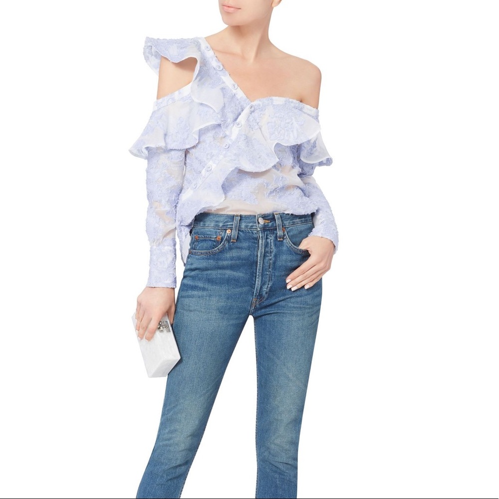 Self-Portrait Blue Floral Fil Coupé Asymmetrical One Shoulder Top size US 2
